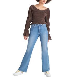 Black Tape Womens Puff Sleeve Ruffle Hem Plisse Top